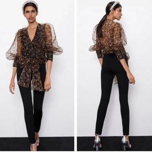 ZARA Printed Organza Blouse with Bow M